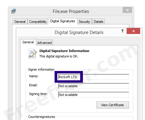 Screenshot of the ReSoft LTD. certificate